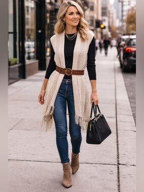 LAVA ACCESSORIES Women's Crochet Cream Fringe Boho Vest Scarf 2-n-1 NEW